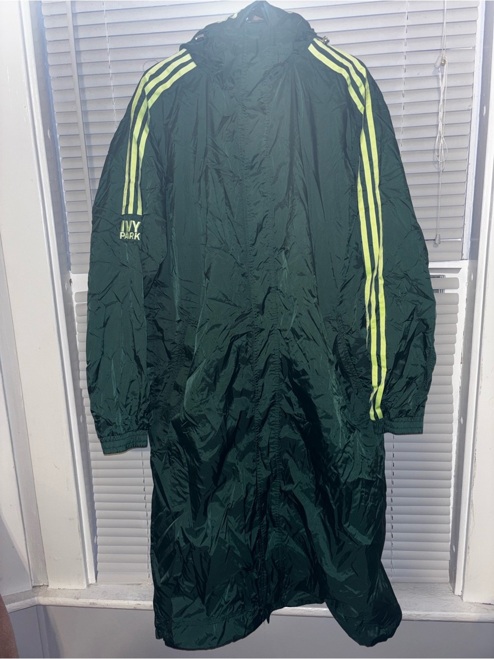 IVY PARK Forest Green Long Raincoat with Lime Stripes, Sz M - Picture 2 of 9